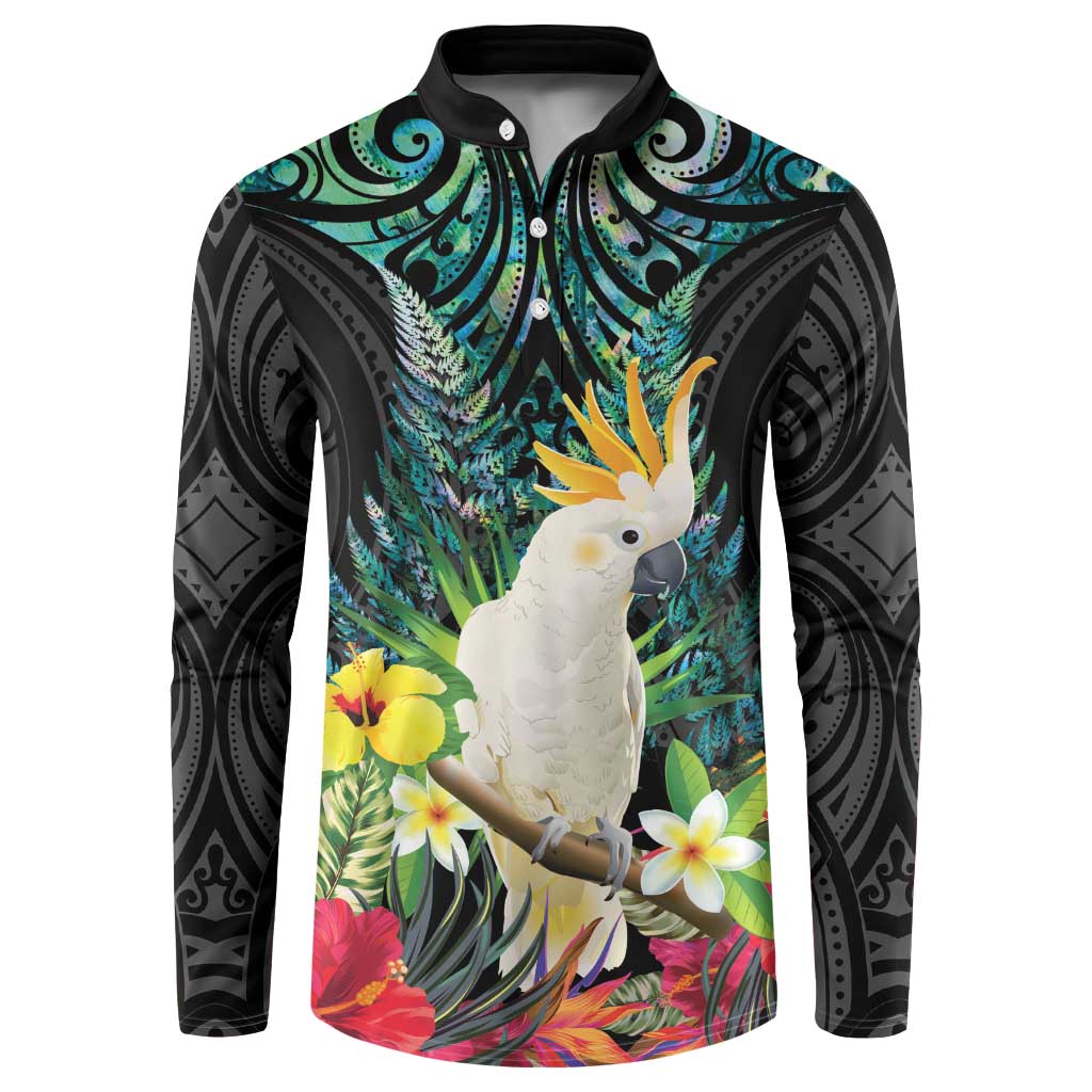 Sulphur-crested Cockatoo New Zealand Button Sweatshirt Paua Shell Aotearoa Maori Tropical Flowers LT14 Black - Polynesian Pride