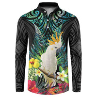 Sulphur-crested Cockatoo New Zealand Button Sweatshirt Paua Shell Aotearoa Maori Tropical Flowers LT14 Black - Polynesian Pride