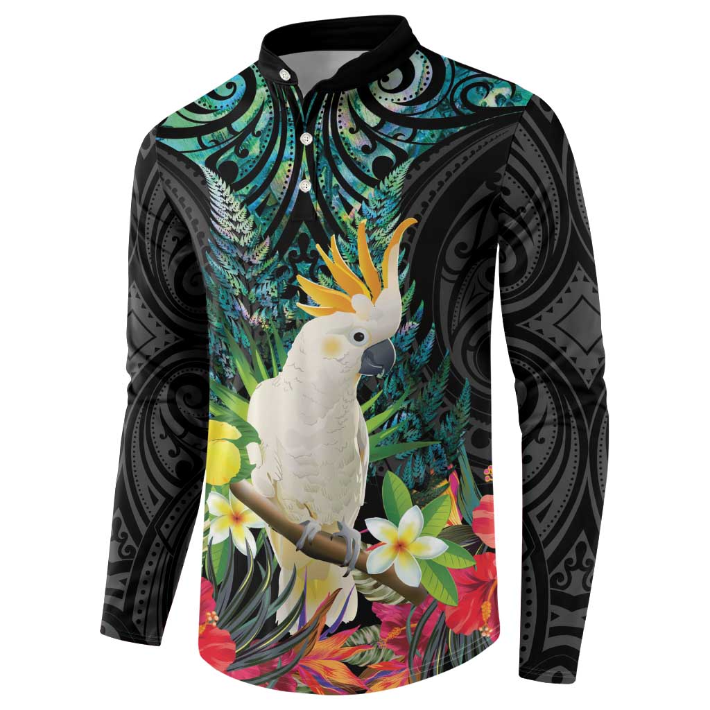 Sulphur-crested Cockatoo New Zealand Button Sweatshirt Paua Shell Aotearoa Maori Tropical Flowers LT14 - Polynesian Pride