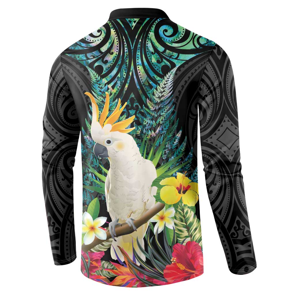 Sulphur-crested Cockatoo New Zealand Button Sweatshirt Paua Shell Aotearoa Maori Tropical Flowers LT14 - Polynesian Pride