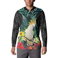 Sulphur-crested Cockatoo New Zealand Button Sweatshirt Paua Shell Aotearoa Maori Tropical Flowers LT14 - Polynesian Pride
