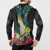 Sulphur-crested Cockatoo New Zealand Button Sweatshirt Paua Shell Aotearoa Maori Tropical Flowers LT14 - Polynesian Pride