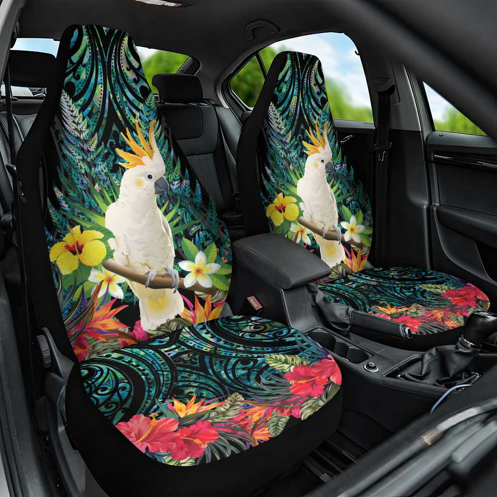 Sulphur-crested Cockatoo New Zealand Car Seat Cover Paua Shell Aotearoa Maori Tropical Flowers LT14 One Size Black - Polynesian Pride