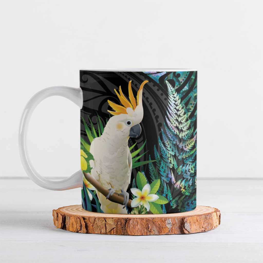 Sulphur-crested Cockatoo New Zealand Ceramic Mug Paua Shell Aotearoa Maori Tropical Flowers LT14 Black - Polynesian Pride