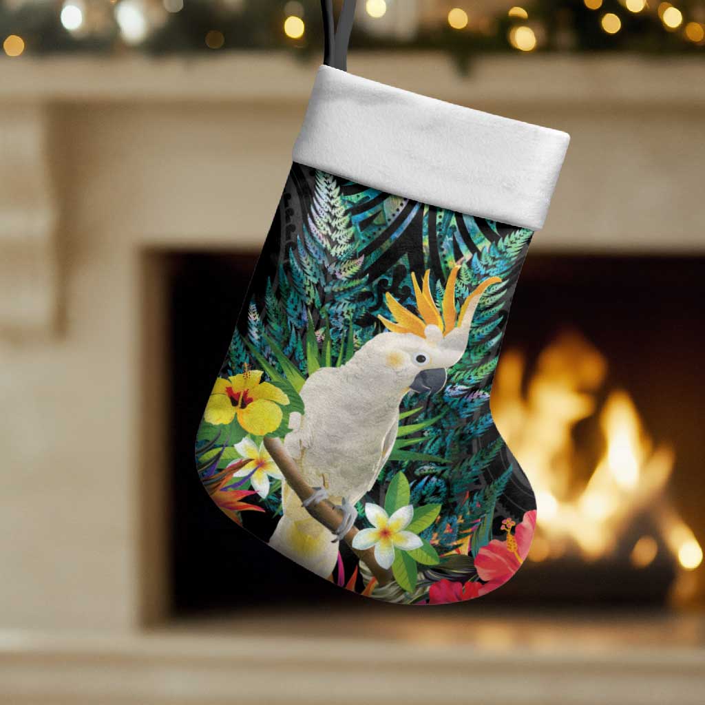 Sulphur-crested Cockatoo New Zealand Christmas Stocking Paua Shell Aotearoa Maori Tropical Flowers LT14 Set of 2 Black - Polynesian Pride