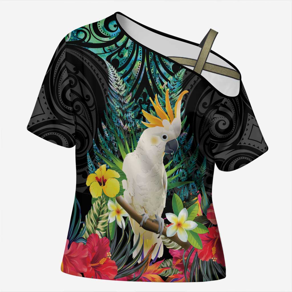 Sulphur-crested Cockatoo New Zealand Cross Shoulder Shirt Paua Shell Aotearoa Maori Tropical Flowers LT14 Female Black - Polynesian Pride