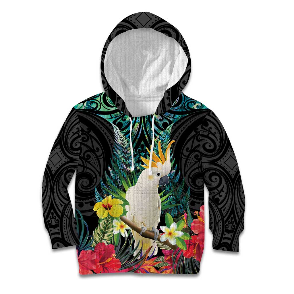 Sulphur-crested Cockatoo New Zealand Kid Hoodie Paua Shell Aotearoa Maori Tropical Flowers LT14 Hoodie Black - Polynesian Pride