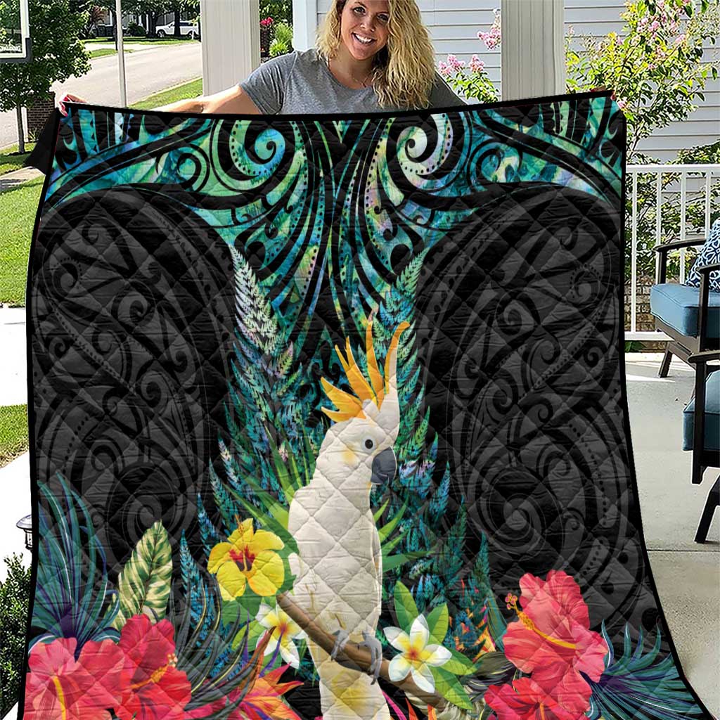 Sulphur-crested Cockatoo New Zealand Quilt Paua Shell Aotearoa Maori Tropical Flowers LT14 Black - Polynesian Pride