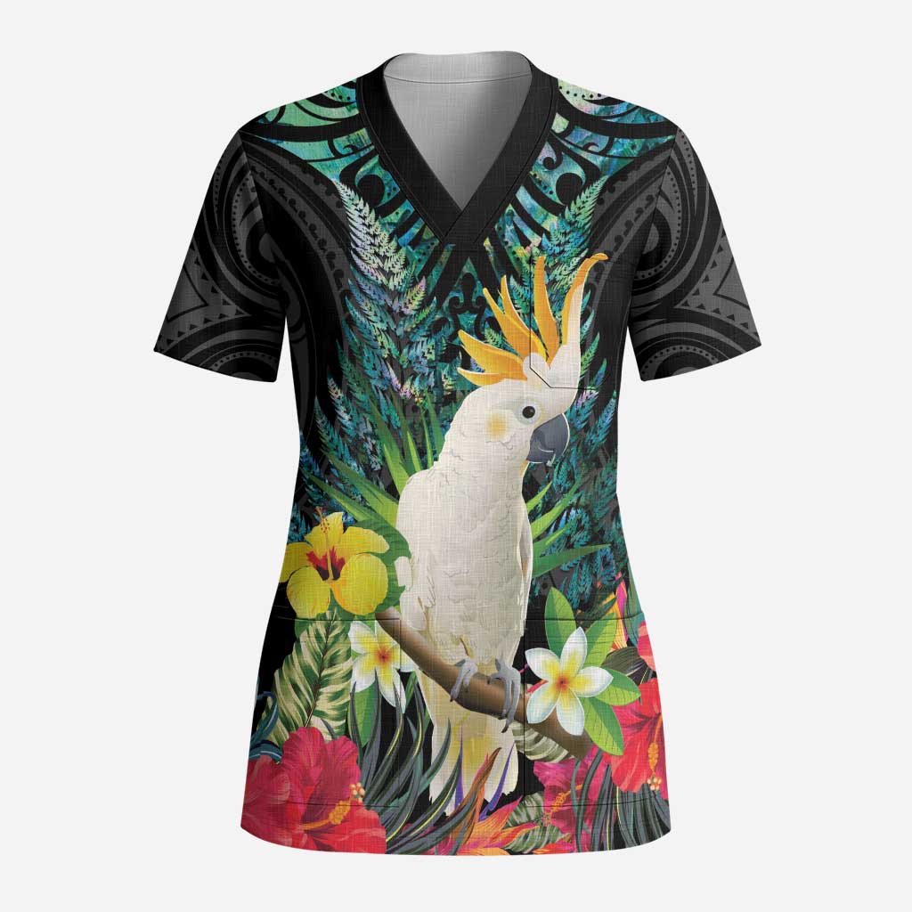 Sulphur-crested Cockatoo New Zealand Scrub Top Paua Shell Aotearoa Maori Tropical Flowers LT14 Adult Black - Polynesian Pride