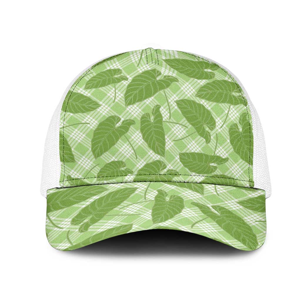 Green Hawaii Kalo Palaka Motifs Mesh Trucker Cap Hawaiian Taro Leaves Elegant Vibes LT14 One Size White Green - Polynesian Pride