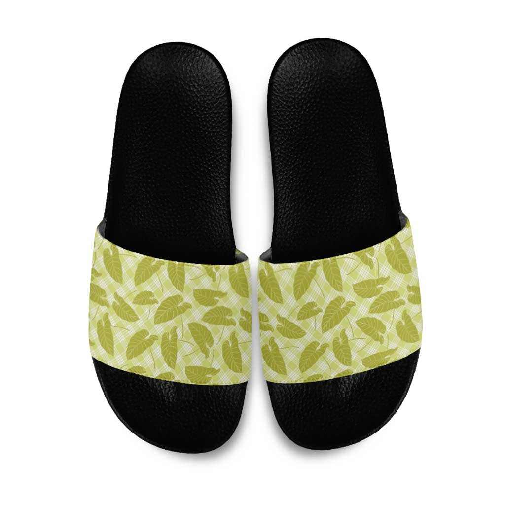 Lime Green Hawaii Kalo Palaka Motifs Slide Sandals Hawaiian Taro Leaves Elegant Vibes LT14 Lime Green - Polynesian Pride