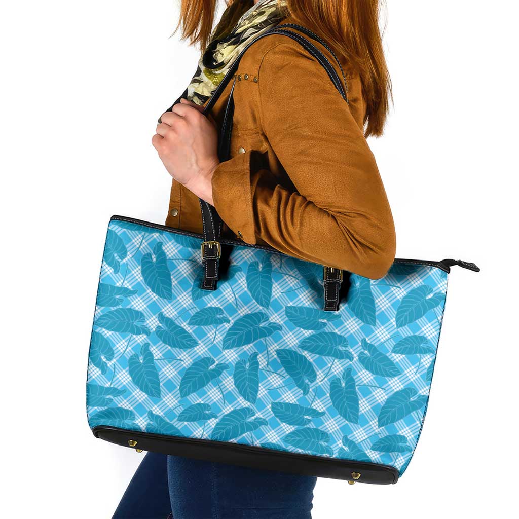 Blue Hawaii Kalo Palaka Motifs Leather Tote Bag Hawaiian Taro Leaves Elegant Vibes LT14 Blue - Polynesian Pride