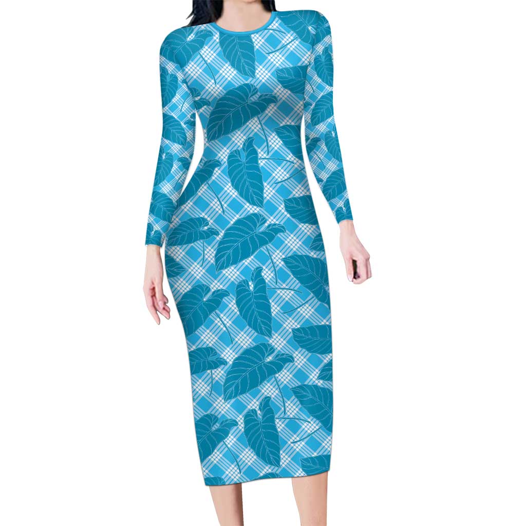 Blue Hawaii Kalo Palaka Motifs Long Sleeve Bodycon Dress Hawaiian Taro Leaves Elegant Vibes LT14 Long Dress Blue - Polynesian Pride