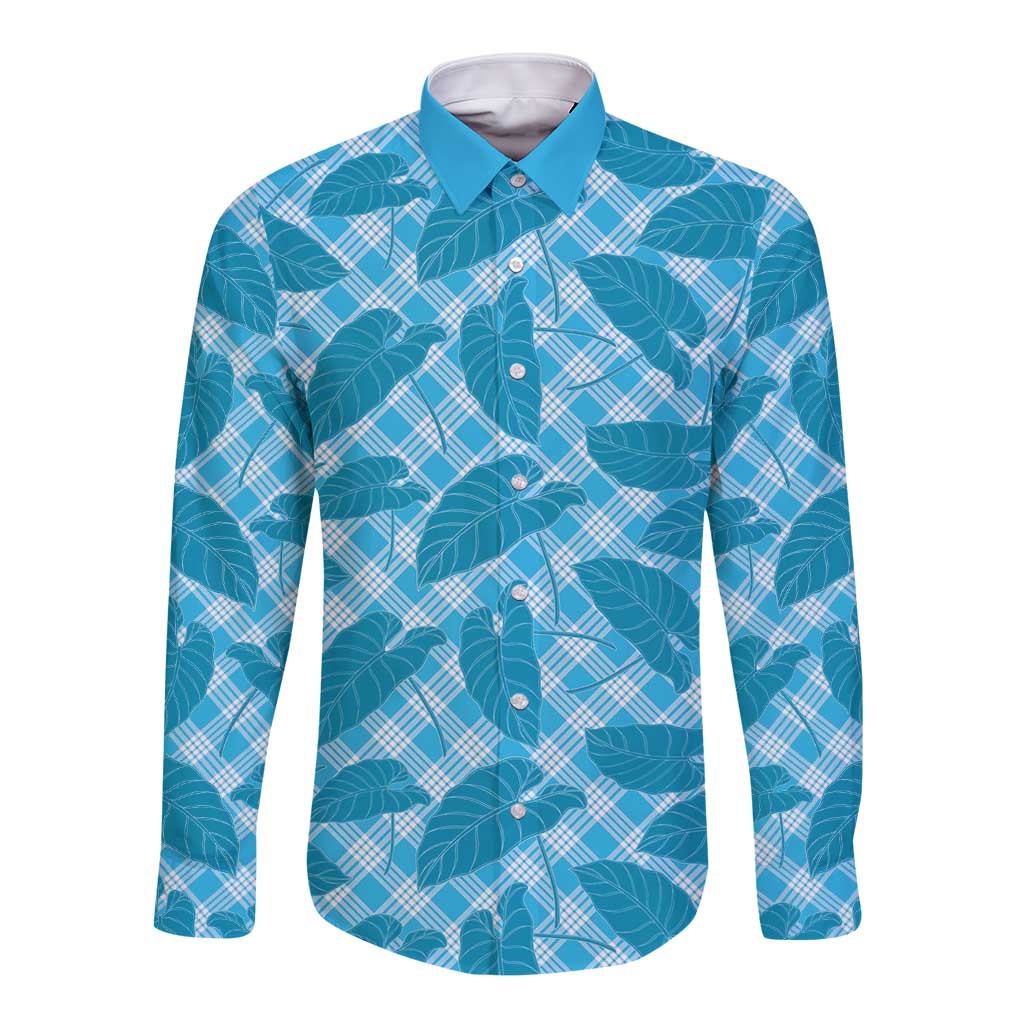 Blue Hawaii Kalo Palaka Motifs Long Sleeve Button Shirt Hawaiian Taro Leaves Elegant Vibes LT14 Unisex Blue - Polynesian Pride