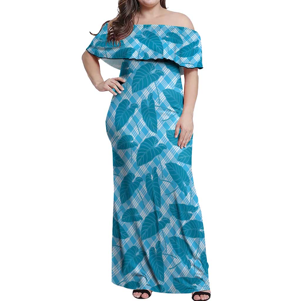Blue Hawaii Kalo Palaka Motifs Off Shoulder Maxi Dress Hawaiian Taro Leaves Elegant Vibes LT14 Women Blue - Polynesian Pride