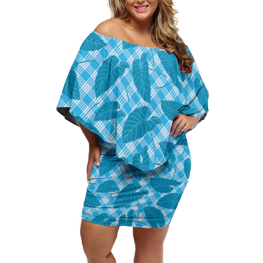 Blue Hawaii Kalo Palaka Motifs Off Shoulder Short Dress Hawaiian Taro Leaves Elegant Vibes LT14 Women Blue - Polynesian Pride