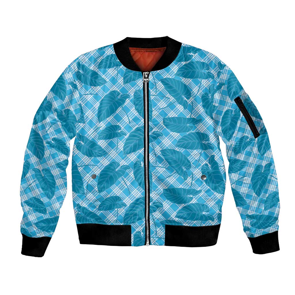 Blue Hawaii Kalo Palaka Motifs Sleeve Zip Bomber Jacket Hawaiian Taro Leaves Elegant Vibes LT14 Unisex Blue - Polynesian Pride