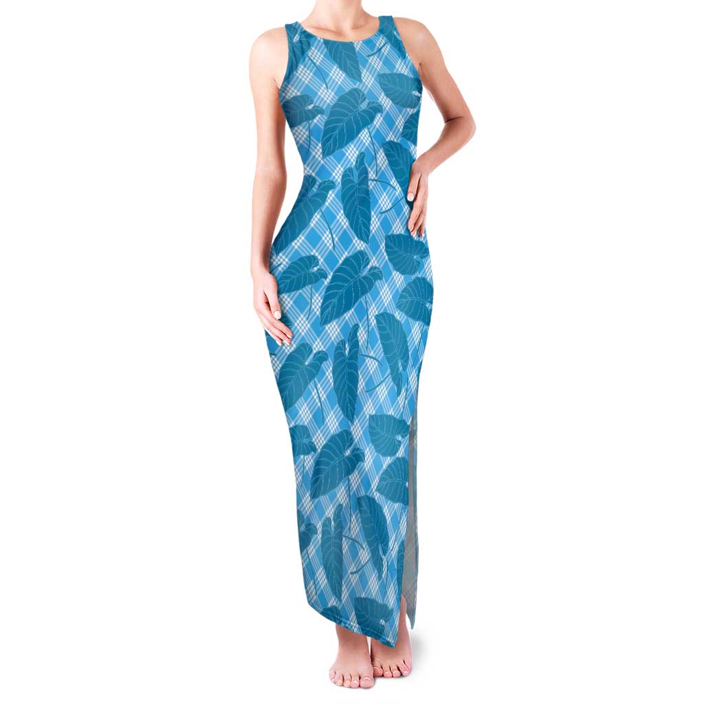 Blue Hawaii Kalo Palaka Motifs Tank Maxi Dress Hawaiian Taro Leaves Elegant Vibes LT14 Women Blue - Polynesian Pride