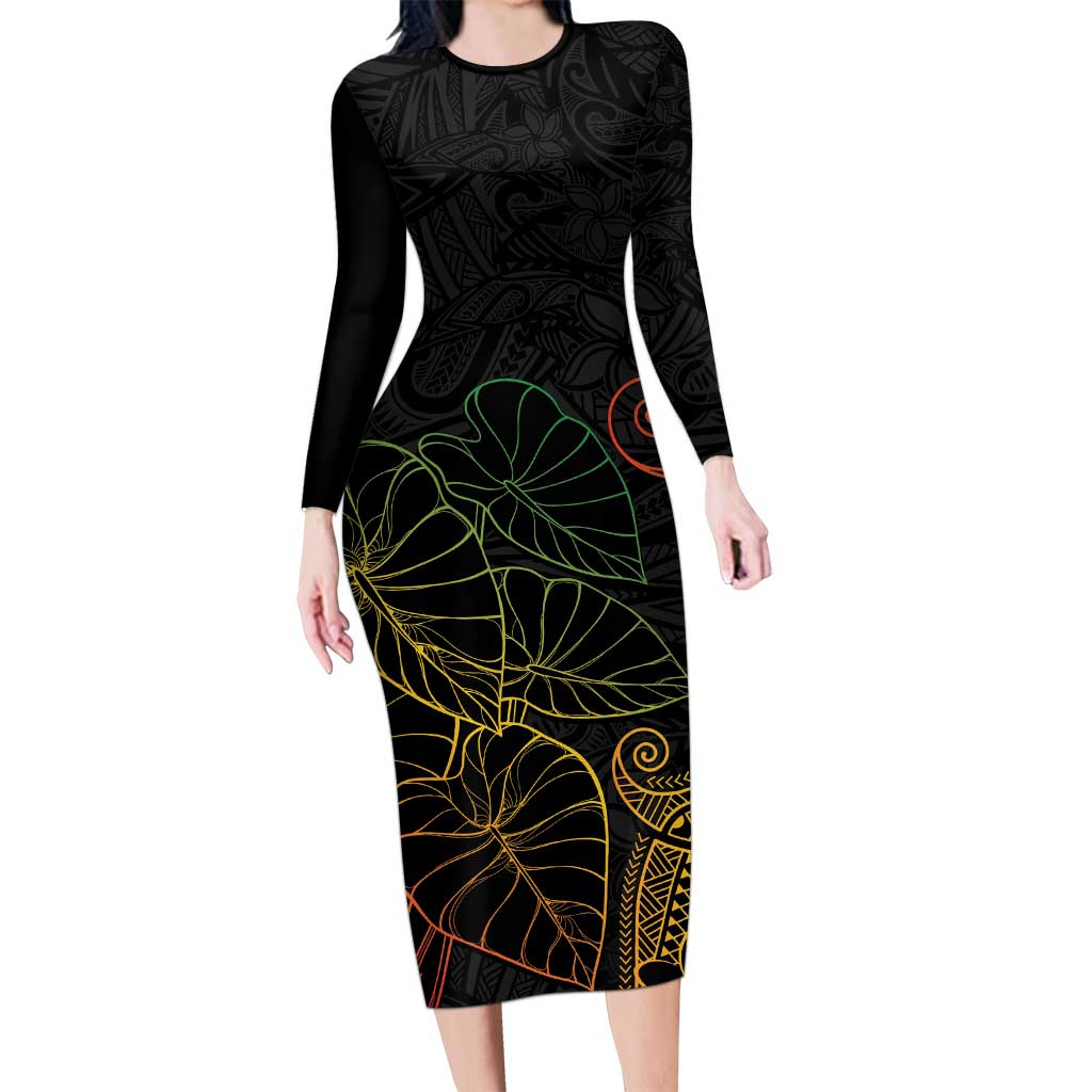 Aloha Hawaii Kalo Long Sleeve Bodycon Dress Reggae Taro Polynesian Pattern LT14 Long Dress Black - Polynesian Pride