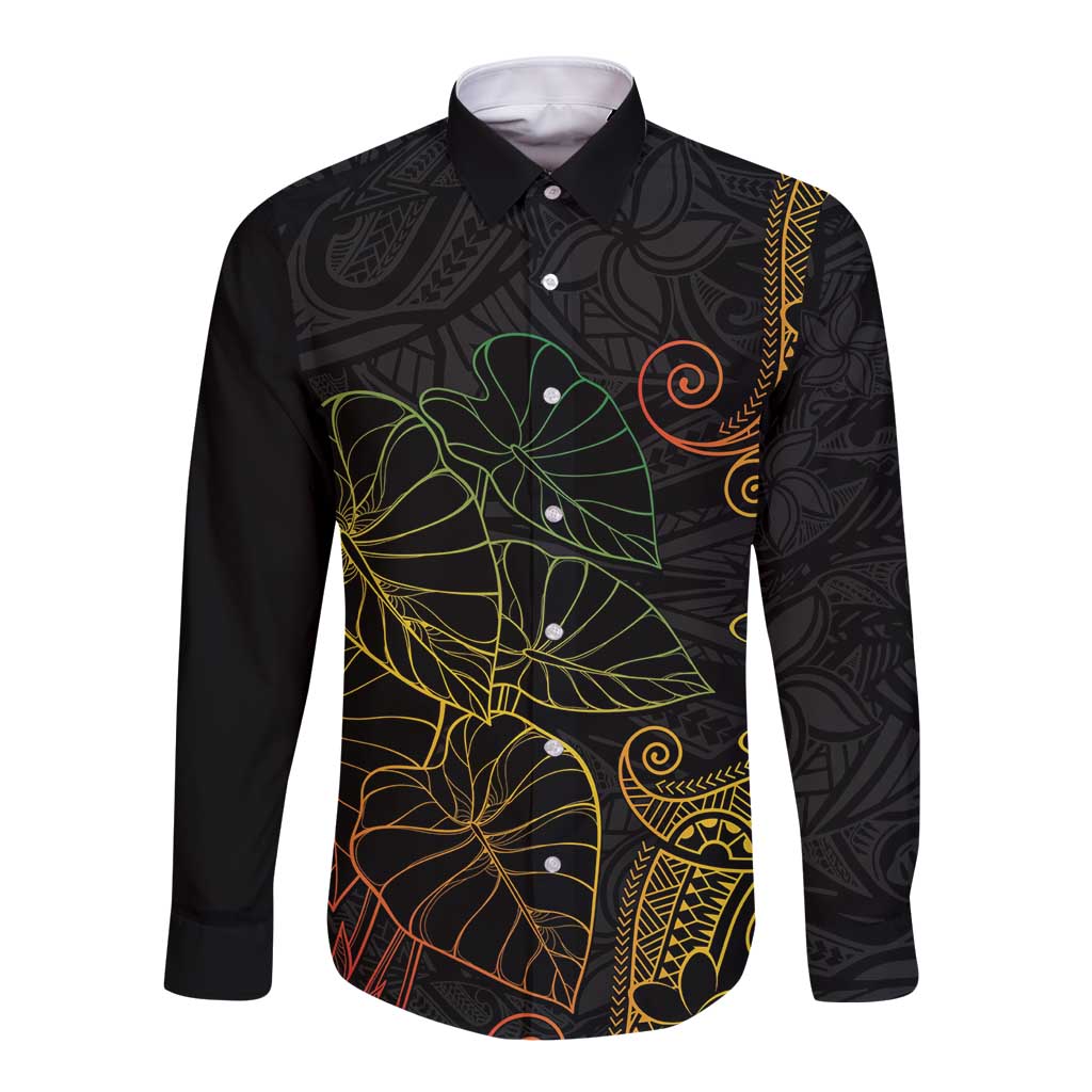 Aloha Hawaii Kalo Long Sleeve Button Shirt Reggae Taro Polynesian Pattern LT14 Unisex Black - Polynesian Pride