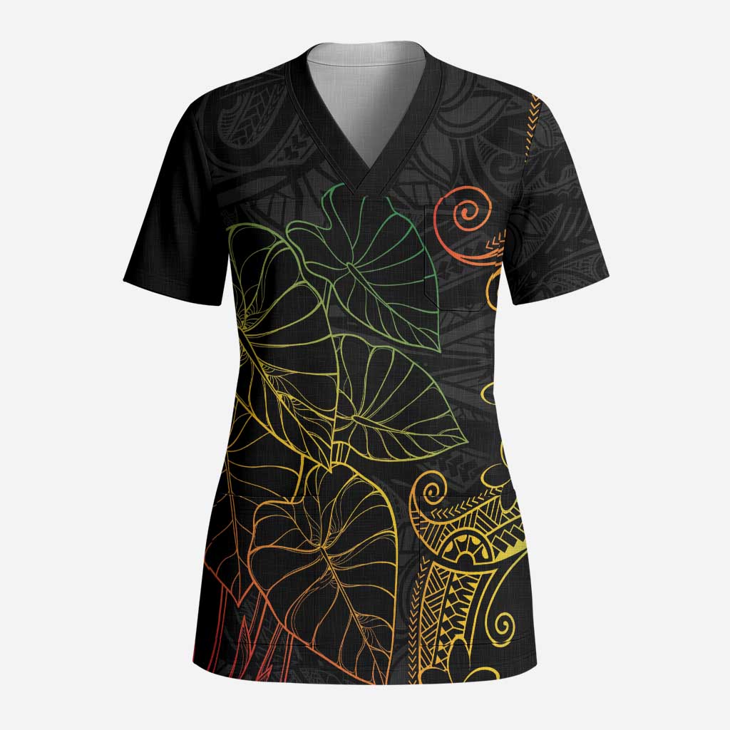 Aloha Hawaii Kalo Scrub Top Reggae Taro Polynesian Pattern LT14 Adult Black - Polynesian Pride
