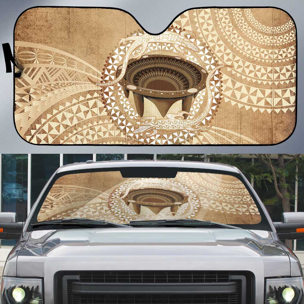 Tonga Skink Kava Bowl Auto Sun Shade Vintage Tongan Ngatu Pattern LT14 Brown - Polynesian Pride