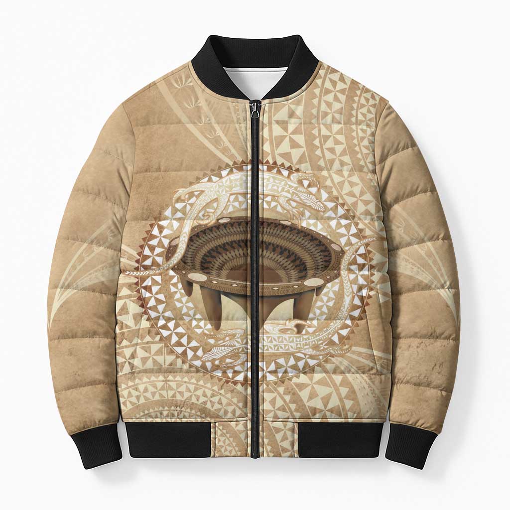 Tonga Skink Kava Bowl Bomber Puffer Jacket Vintage Tongan Ngatu Pattern LT14 Unisex Brown - Polynesian Pride