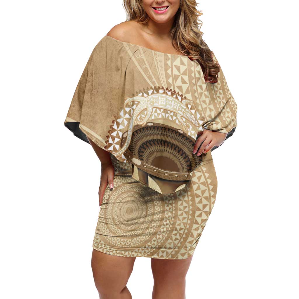 Tonga Skink Kava Bowl Off Shoulder Short Dress Vintage Tongan Ngatu Pattern LT14 Women Brown - Polynesian Pride