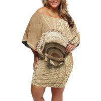 Tonga Skink Kava Bowl Off Shoulder Short Dress Vintage Tongan Ngatu Pattern LT14 Women Brown - Polynesian Pride