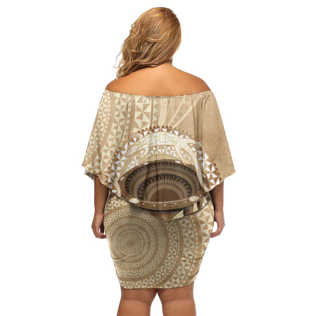 Tonga Skink Kava Bowl Off Shoulder Short Dress Vintage Tongan Ngatu Pattern LT14 - Polynesian Pride