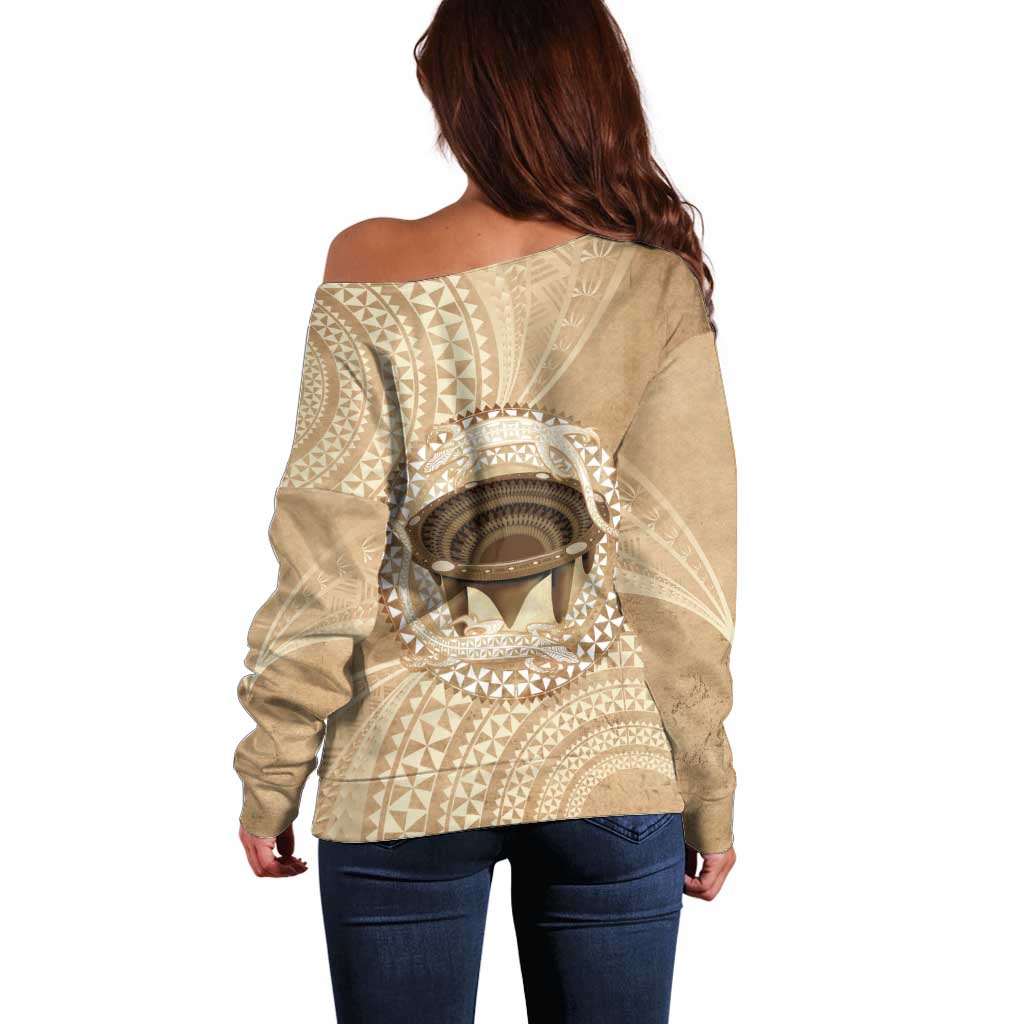 Tonga Skink Kava Bowl Off Shoulder Sweater Vintage Tongan Ngatu Pattern LT14 - Polynesian Pride