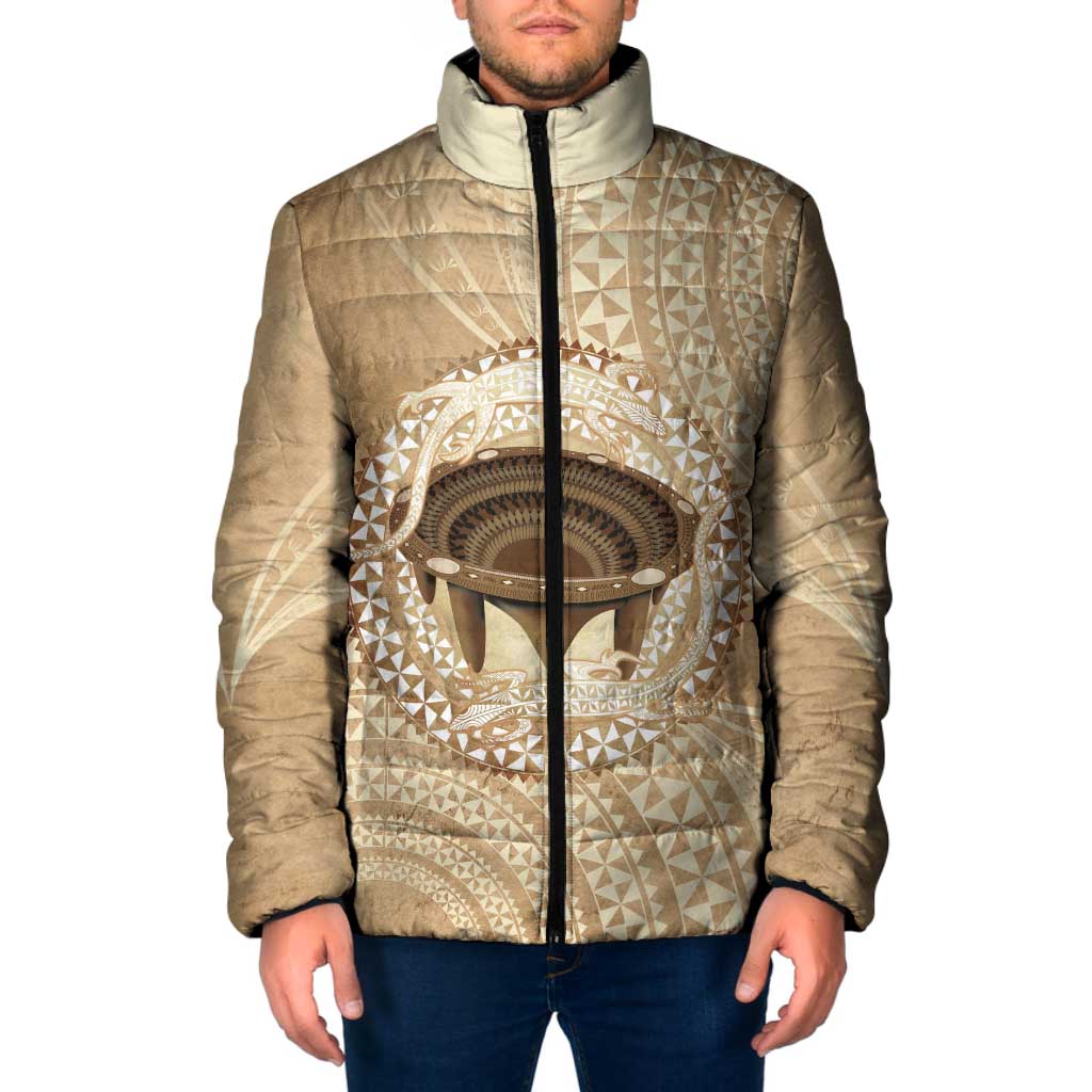 Tonga Skink Kava Bowl Padded Jacket Vintage Tongan Ngatu Pattern LT14 Men Brown - Polynesian Pride