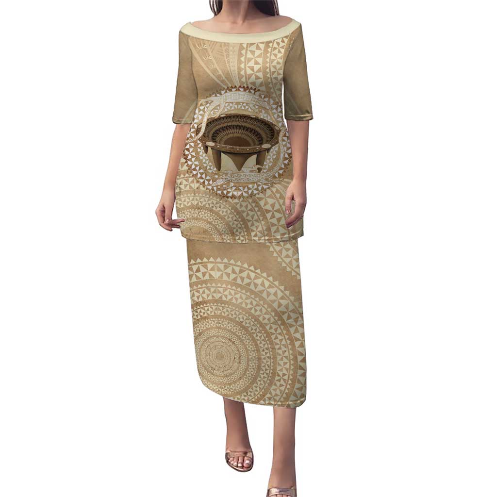 Tonga Skink Kava Bowl Puletasi Vintage Tongan Ngatu Pattern LT14 Long Dress Brown - Polynesian Pride