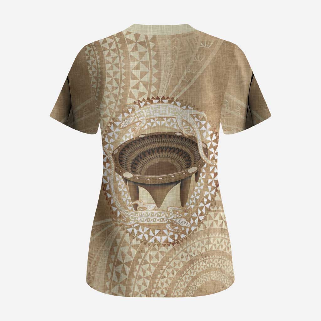 Tonga Skink Kava Bowl Scrub Top Vintage Tongan Ngatu Pattern LT14 - Polynesian Pride