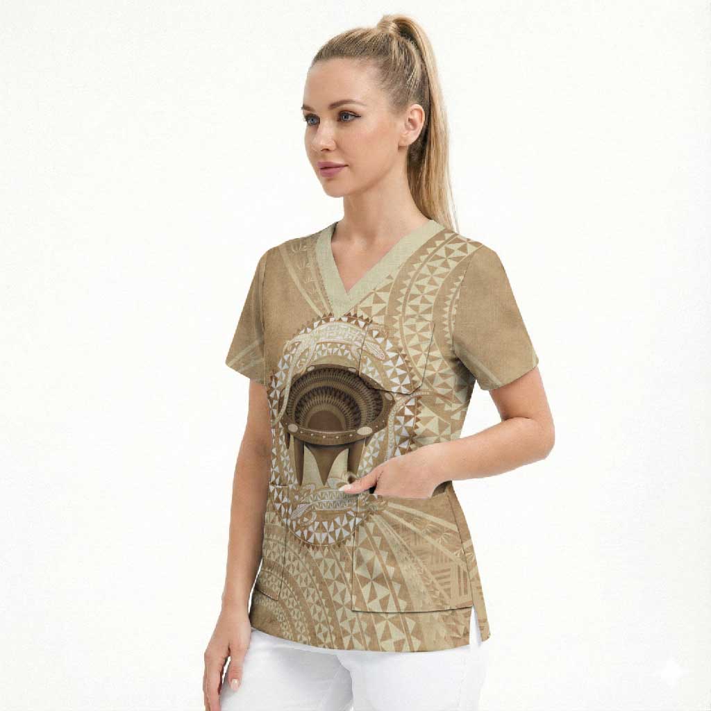 Tonga Skink Kava Bowl Scrub Top Vintage Tongan Ngatu Pattern LT14 - Polynesian Pride