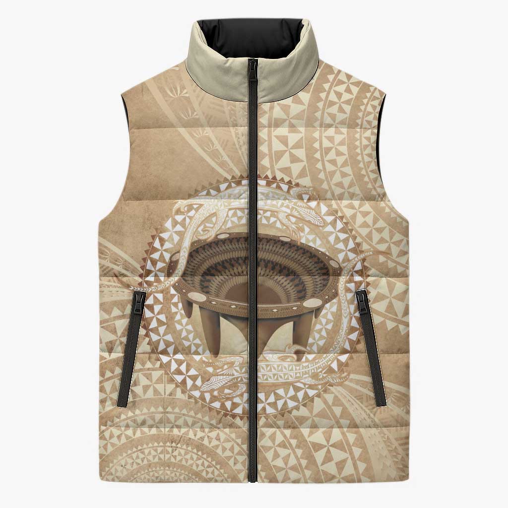 Tonga Skink Kava Bowl Sleeveless Puffer Jacket Vintage Tongan Ngatu Pattern LT14 Unisex Brown - Polynesian Pride
