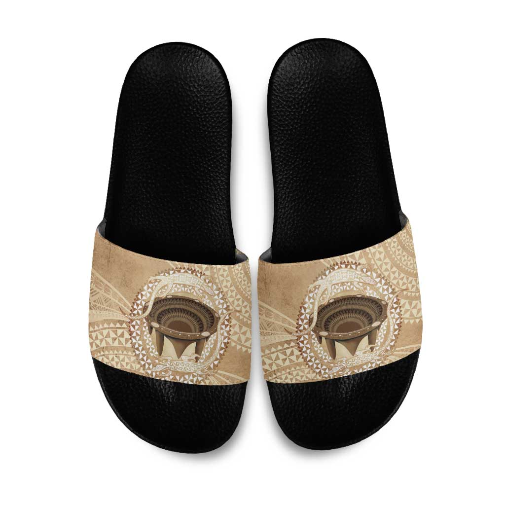 Tonga Skink Kava Bowl Slide Sandals Vintage Tongan Ngatu Pattern LT14 Brown - Polynesian Pride
