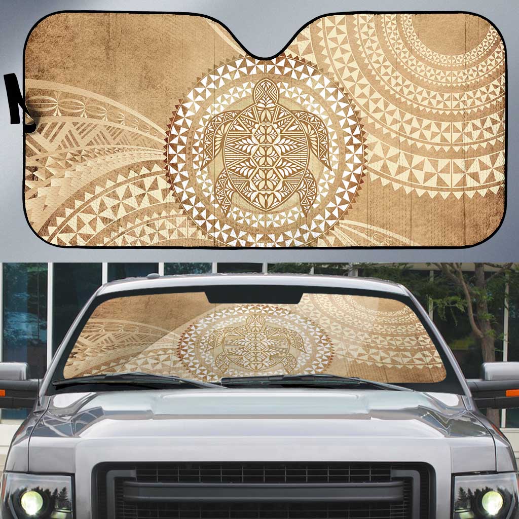Tonga Ngatu Turtle Auto Sun Shade Vintage Tongan Tapa Cloth LT14 Brown - Polynesian Pride