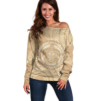 Tonga Ngatu Turtle Off Shoulder Sweater Vintage Tongan Tapa Cloth LT14 Women Brown - Polynesian Pride