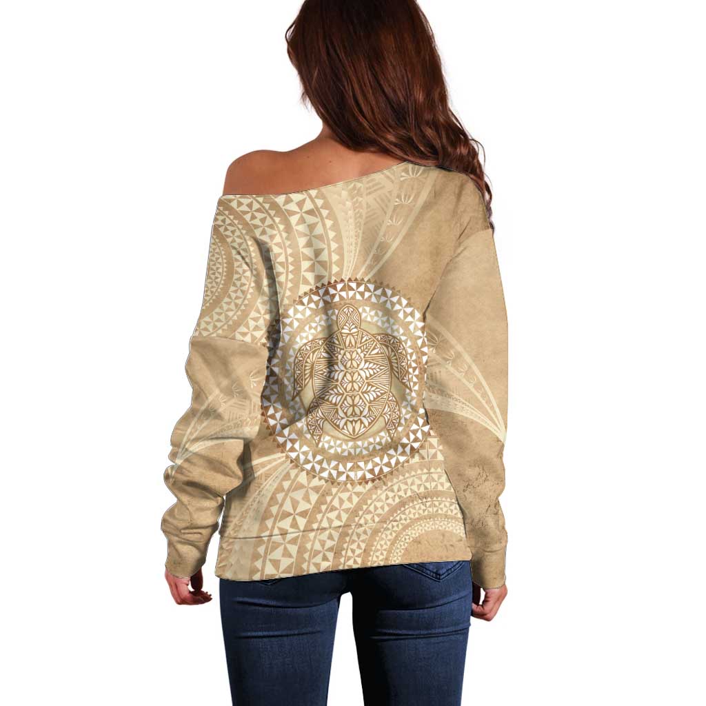 Tonga Ngatu Turtle Off Shoulder Sweater Vintage Tongan Tapa Cloth LT14 - Polynesian Pride