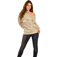 Tonga Ngatu Turtle Off Shoulder Sweater Vintage Tongan Tapa Cloth LT14 - Polynesian Pride
