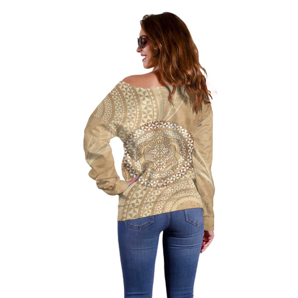 Tonga Ngatu Turtle Off Shoulder Sweater Vintage Tongan Tapa Cloth LT14 - Polynesian Pride