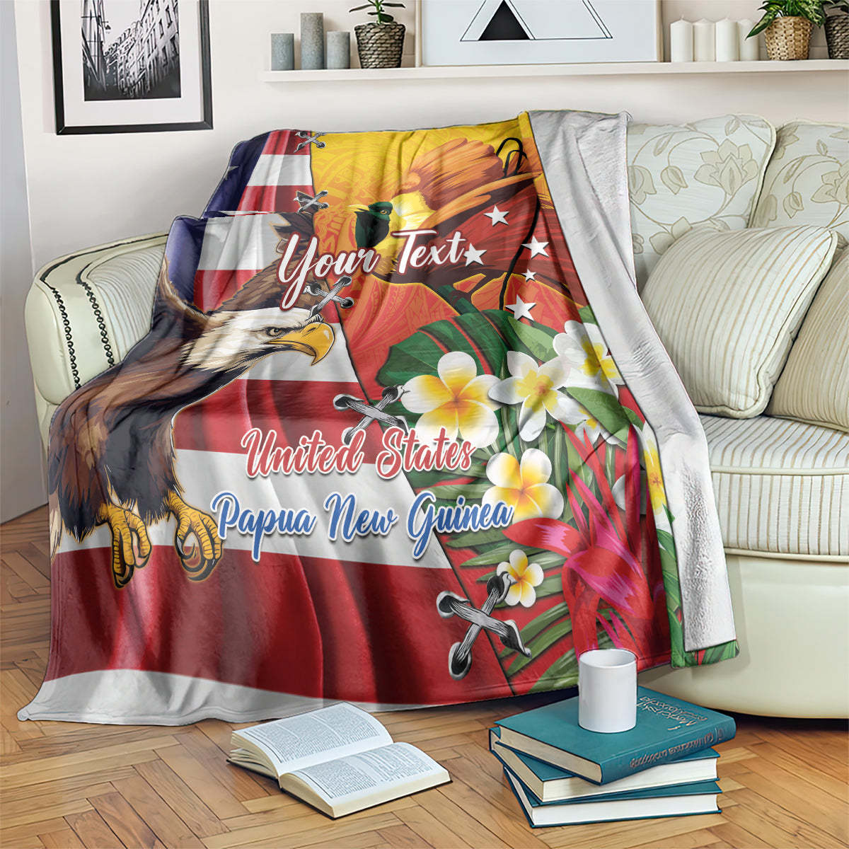 Personalised United States And Papua New Guinea Blanket USA Eagle With PNG Bird Of Paradise LT14 Red - Polynesian Pride