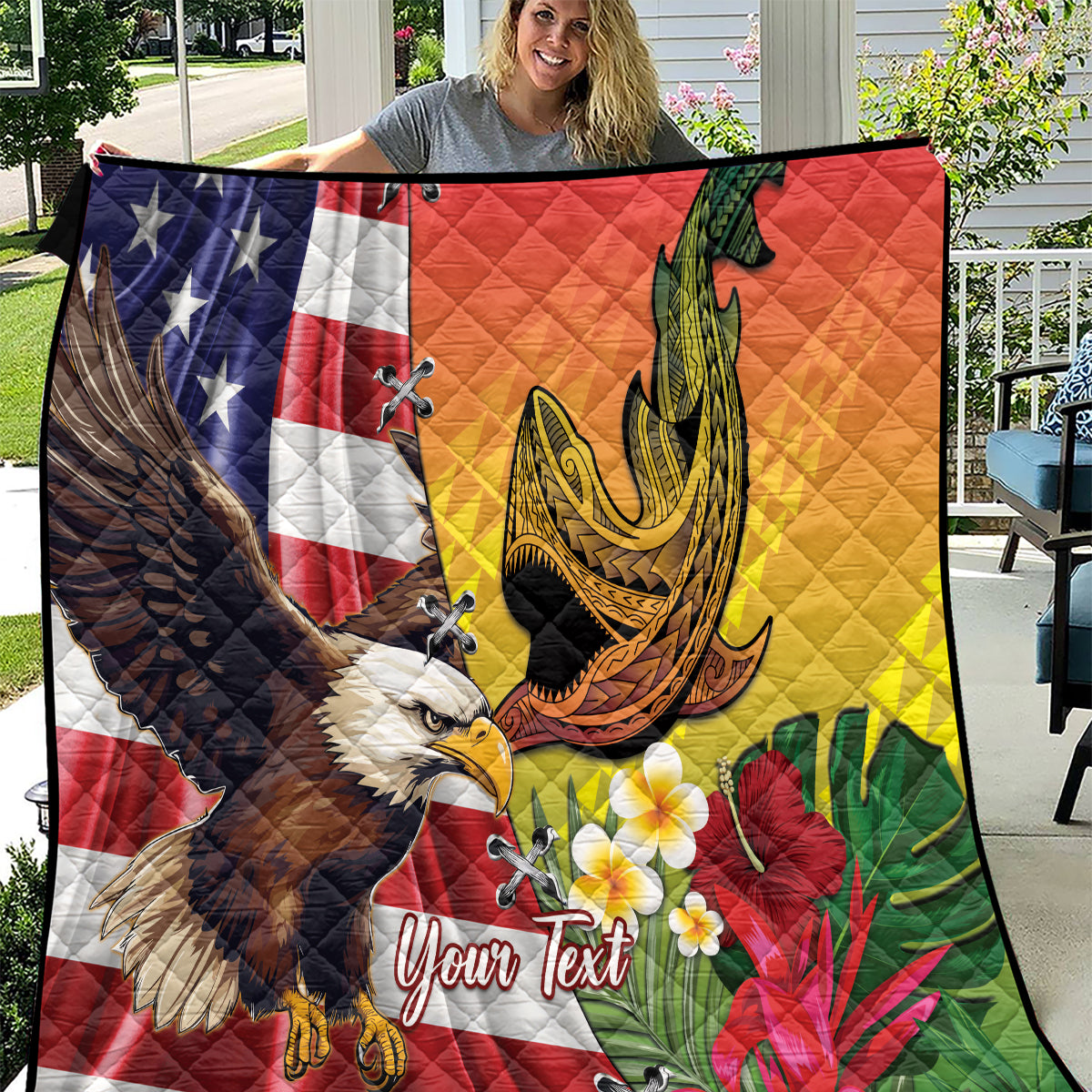 Personalised United States And Hawaii Quilt USA Eagle With Hawaiian Shark Tattoo