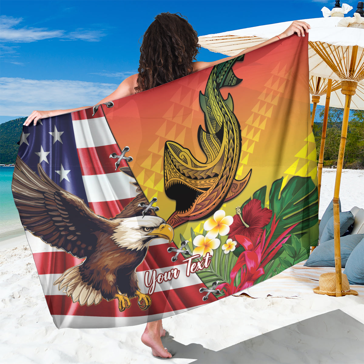 Personalised United States And Hawaii Sarong USA Eagle With Hawaiian Shark Tattoo LT14 One Size 44 x 66 inches Red - Polynesian Pride