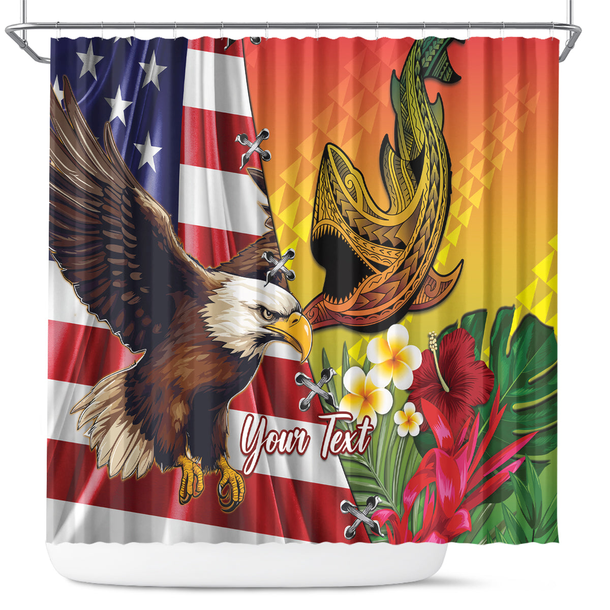 Personalised United States And Hawaii Shower Curtain USA Eagle With Hawaiian Shark Tattoo