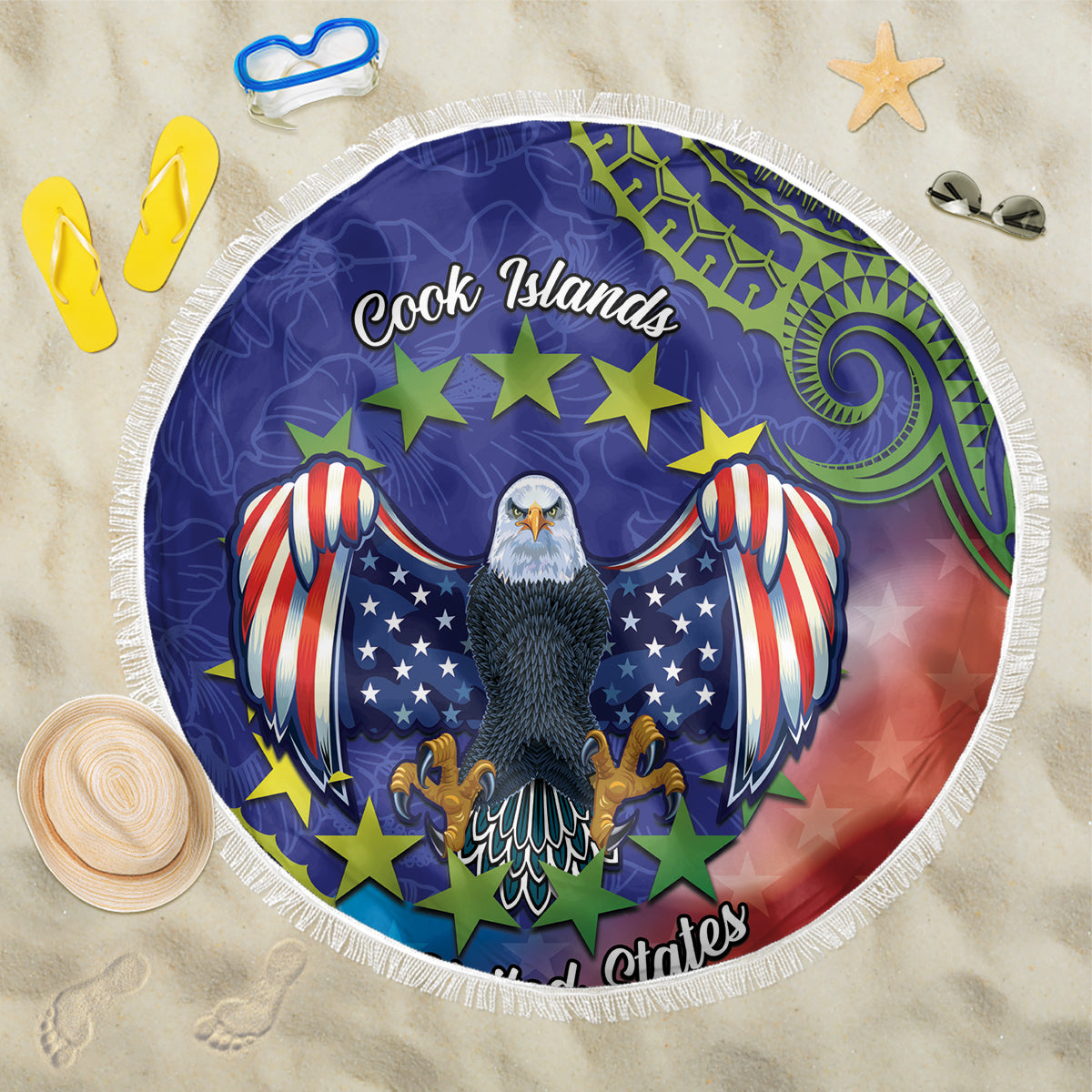 Personalised United States And Cook Islands Beach Blanket USA Eagle Mix Polynesian Pattern LT14 One Size 150cm Blue - Polynesian Pride