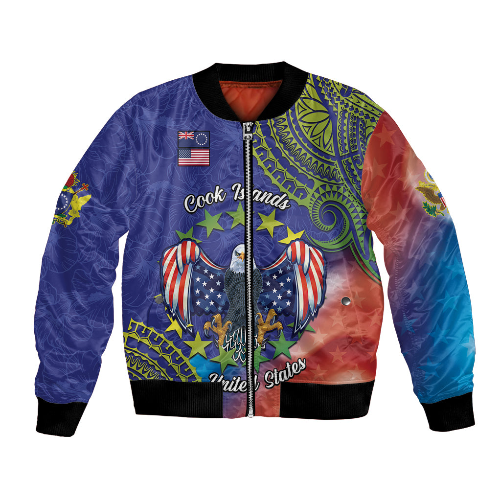 Personalised United States And Cook Islands Bomber Jacket USA Eagle Mix Polynesian Pattern LT14 Unisex Blue - Polynesian Pride