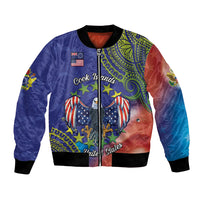 Personalised United States And Cook Islands Bomber Jacket USA Eagle Mix Polynesian Pattern LT14 Unisex Blue - Polynesian Pride