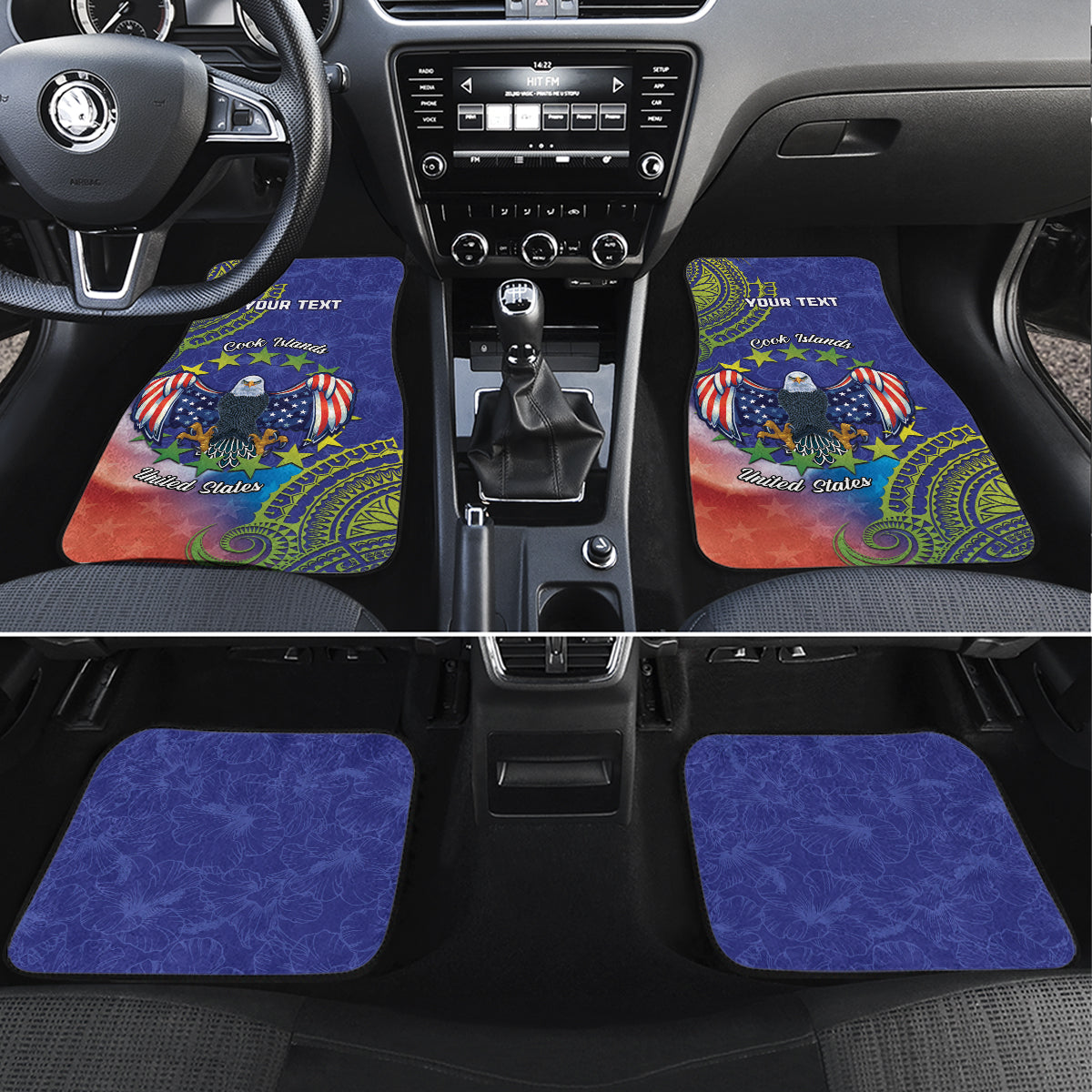 Personalised United States And Cook Islands Car Mats USA Eagle Mix Polynesian Pattern LT14 Set 4pcs Blue - Polynesian Pride